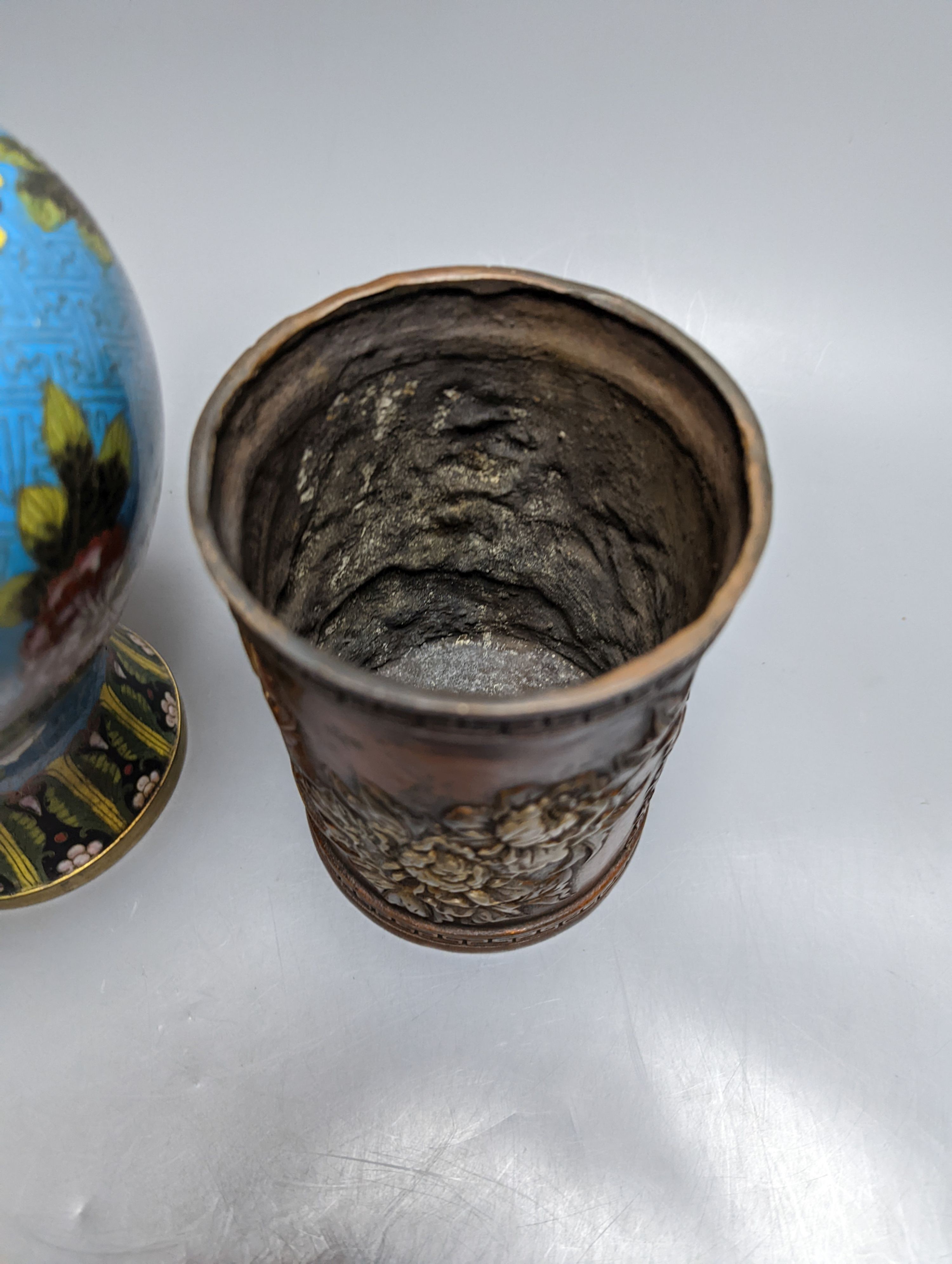 A Chinese cloisonne enamel vase and cover, early 20th century and a bronze brush pot 25cm